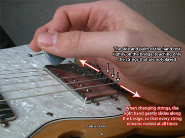 เทคนิคการอุดสายกีตาร์ (Palm Muting) การอุดสายด้วยมือขวา (Right-Hand Muting)